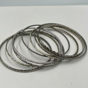Vintage Silver Tone Textured Bangle Bracelet Set 8pc Stackable Boho Etched Mixed